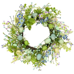 National Tree Company 20 in. Easter Wreath Decorated with Blue Flower Blooms, Pastel Eggs