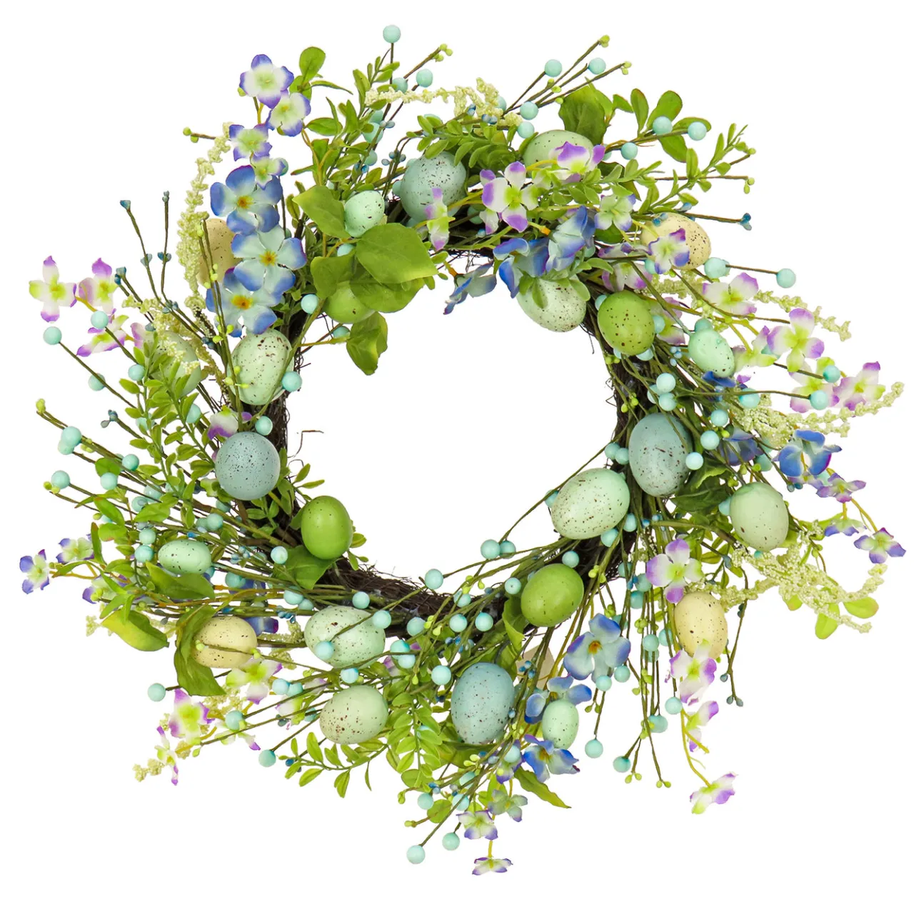National Tree Company 20 in. Easter Wreath Decorated with Blue Flower Blooms, Pastel Eggs
