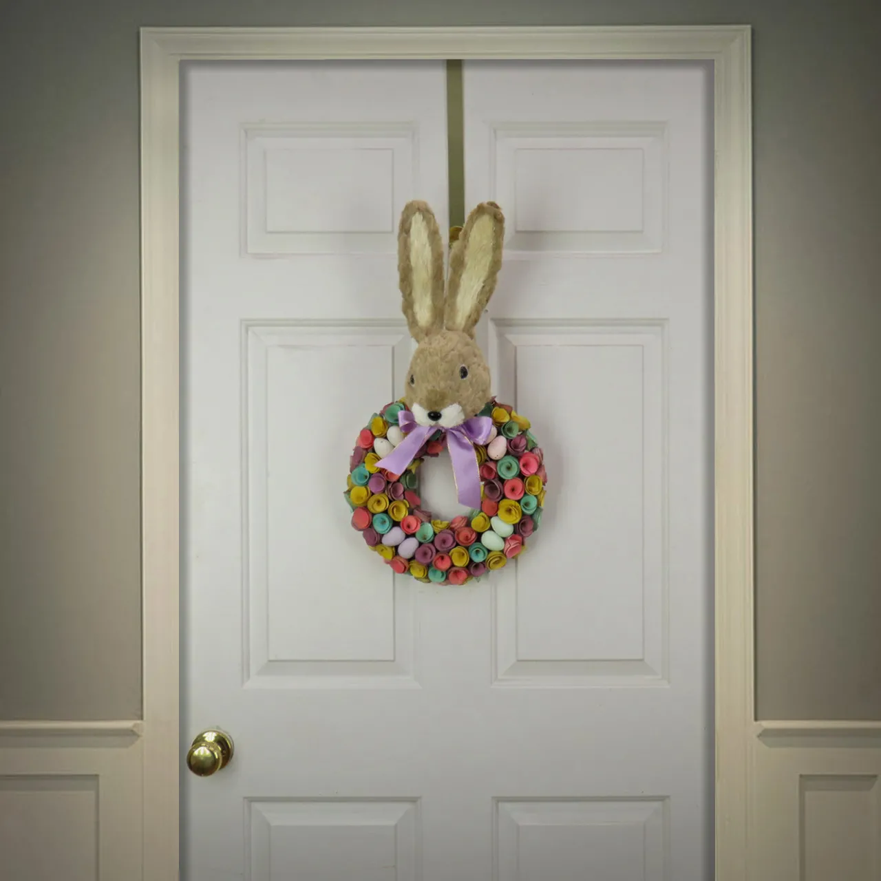 Best National Tree Company 24 in. Easter Wreath Decorated with Colorful Flower Blooms, Pastel Eggs, Bunny Head