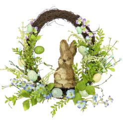 Best National Tree Company 16 in. Easter Wreath Decorated with Wooden Bunny, Blue Flower Blooms, Pastel Eggs, Berries