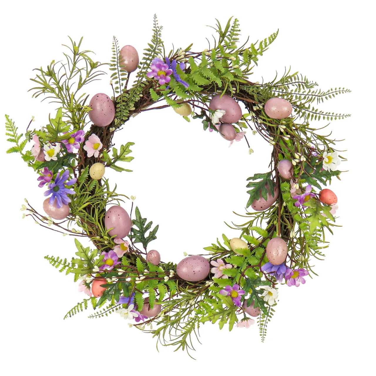 New National Tree Company 22 in. Easter Wreath Decorated with Pink Pastel Eggs, Purple Flowers, Ferns, Leafy Greens