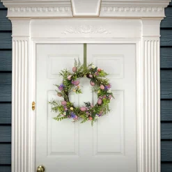 New National Tree Company 22 in. Easter Wreath Decorated with Pink Pastel Eggs, Purple Flowers, Ferns, Leafy Greens