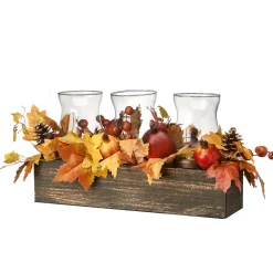 New National Tree Company 24 in. Fall Centerpiece, Decorated With Maple Leaves, Pomegranates, Pine Cones, Holds Three Candles