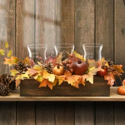 New National Tree Company 24 in. Fall Centerpiece, Decorated With Maple Leaves, Pomegranates, Pine Cones, Holds Three Candles