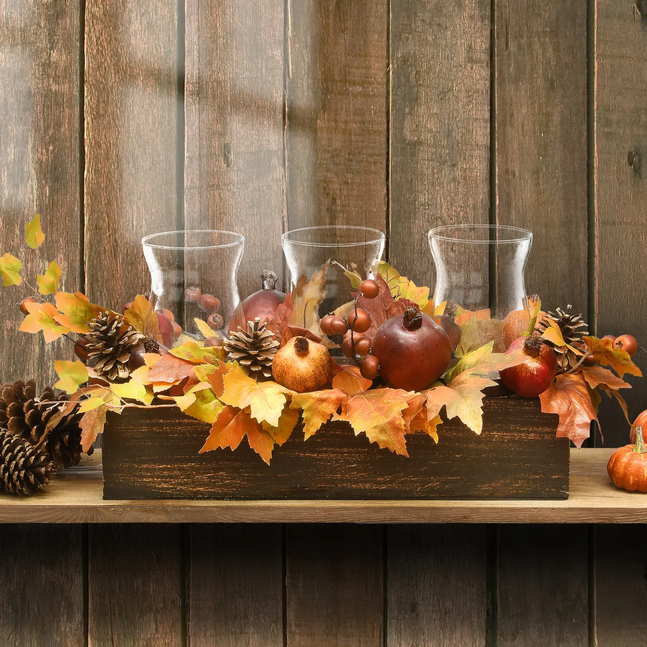 New National Tree Company 24 in. Fall Centerpiece, Decorated With Maple Leaves, Pomegranates, Pine Cones, Holds Three Candles
