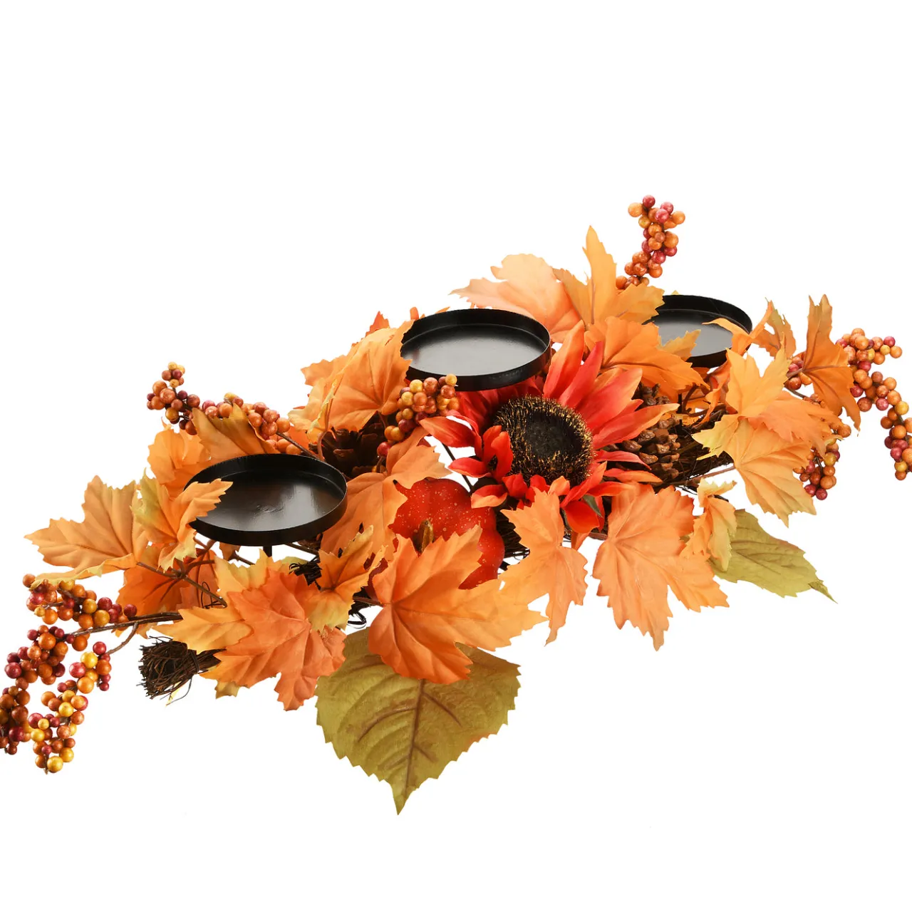 New National Tree Company 24 in. Fall Centerpiece, Three Candle Holders, Decorated with Sunflower Blooms, Pinecones, Berry Clusters