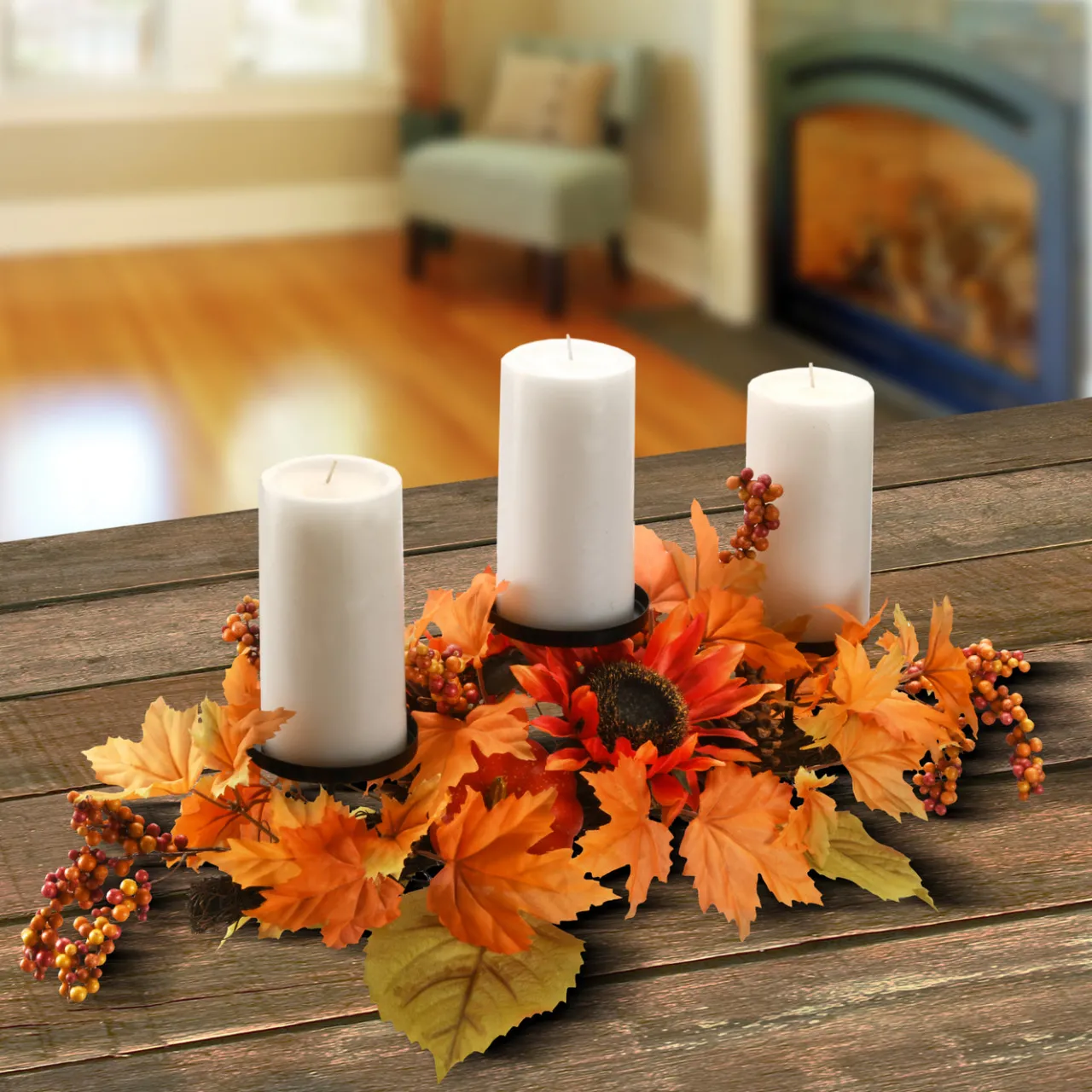 New National Tree Company 24 in. Fall Centerpiece, Three Candle Holders, Decorated with Sunflower Blooms, Pinecones, Berry Clusters