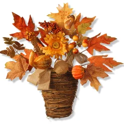 Discount National Tree Company 16 in. Fall Flowers in Wicker Basket with Pumpkins, Gourds, Berry Clusters, Burlap, Maple Leaves