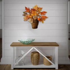 Discount National Tree Company 16 in. Fall Flowers in Wicker Basket with Pumpkins, Gourds, Berry Clusters, Burlap, Maple Leaves