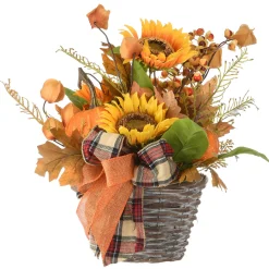 Sale National Tree Company 16 in. Fall Flowers in Wicker Basket, Decorated with Pumpkins, Gourds, Sunflower Blooms, Burlap Bows, Maple Leaves
