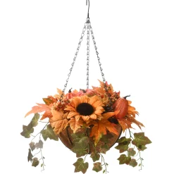 Outlet National Tree Company 18 in. Fall Hanging Basket with Ivy Leaves, Sunflowers, Cones, Berries, Gourds, Pumpkin