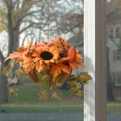 Outlet National Tree Company 18 in. Fall Hanging Basket with Ivy Leaves, Sunflowers, Cones, Berries, Gourds, Pumpkin