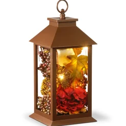 Discount National Tree Company 12 in. Fall Lantern with LED Lights, Filled with Pumpkins, Leaves, Flowers, Berry Clusters