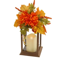 New National Tree Company 14 in. Fall Lantern with Mum Flower, Mixed Leaves, Berry