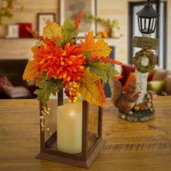 New National Tree Company 14 in. Fall Lantern with Mum Flower, Mixed Leaves, Berry