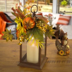 Clearance National Tree Company 14 in. Fall Lantern with Sunflower, Mixed Leaves, Berry, Pumpkin