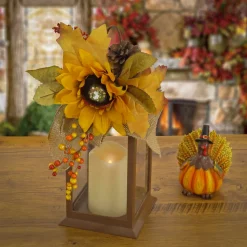 Discount National Tree Company 14 in. Fall Lantern with Sunflower, Mixed Leaves, Pinecone and Bow