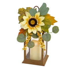 Clearance National Tree Company 13 in. Fall Lantern with Sunflower, Maple Leaves, Eucalyptus, Berry