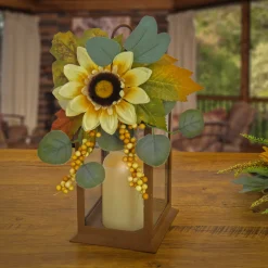Clearance National Tree Company 13 in. Fall Lantern with Sunflower, Maple Leaves, Eucalyptus, Berry