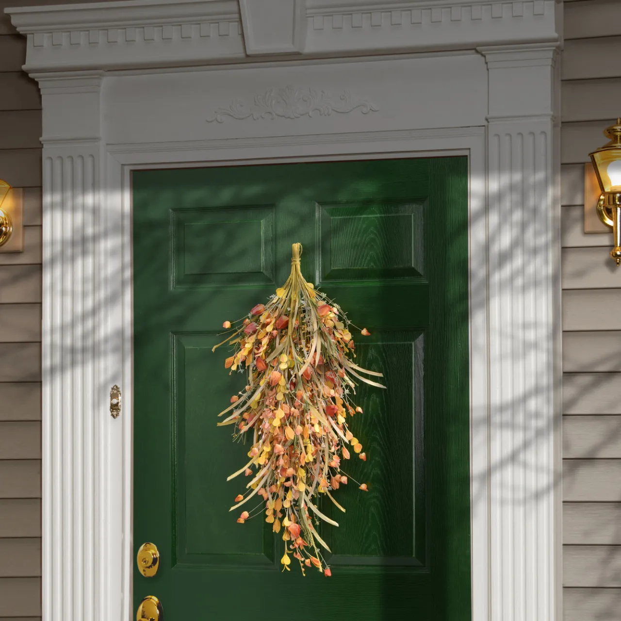 Hot National Tree Company 30 in. Fall Teardrop Decoration with Seed Stalks, Straw Fronds, Assorted Leaves