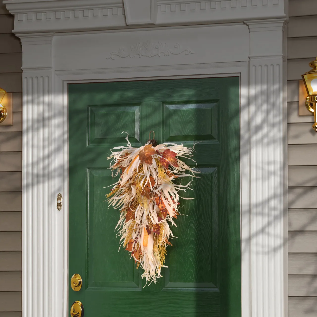 National Tree Company 30 in. Fall Teardrop with Raffia Leaves, Corn Cobs, Berry Clusters