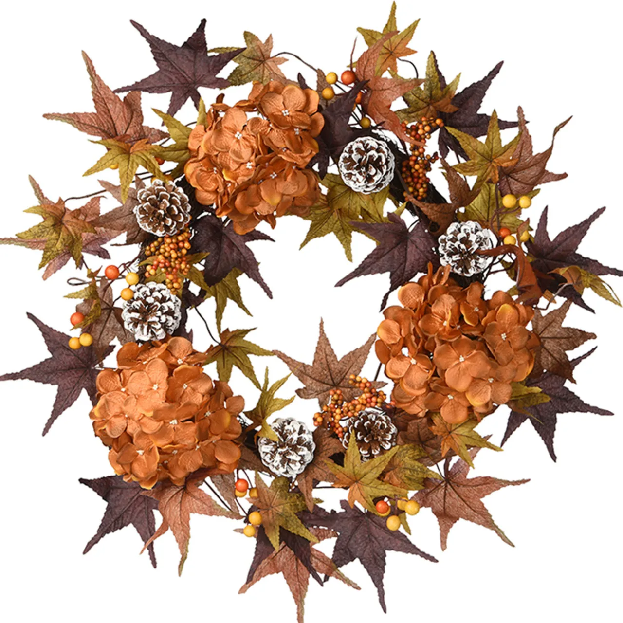 Hot National Tree Company 24 in. Fall Wreath with Hydrangeas, Maple Leaves, Pinecones, Berry Clusters