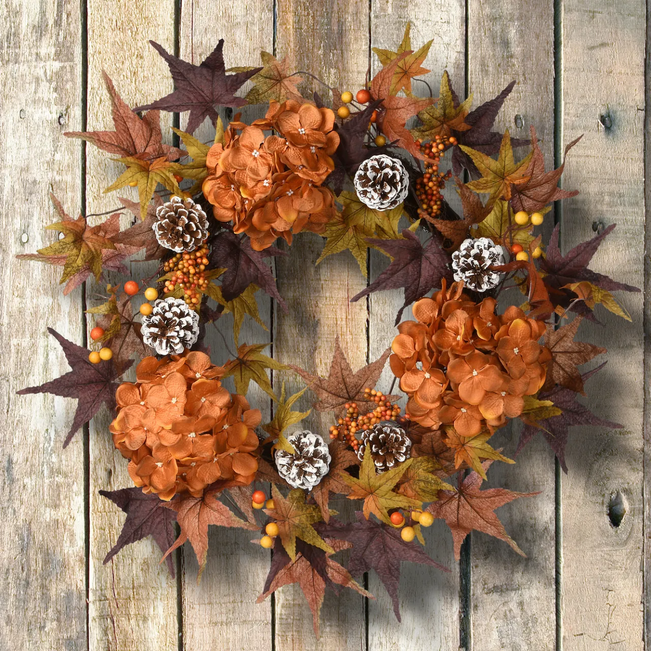 Hot National Tree Company 24 in. Fall Wreath with Hydrangeas, Maple Leaves, Pinecones, Berry Clusters