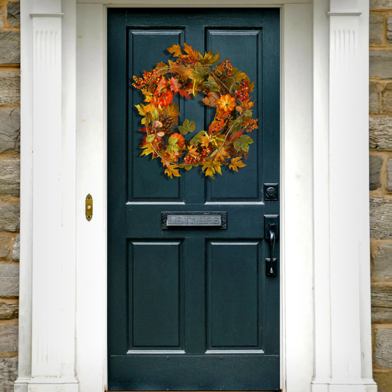 Hot National Tree Company 24 in. Fall Wreath with Pumpkins, Pinecones, Berry Clusters, Maple Leaves