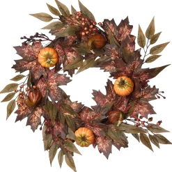 Best National Tree Company 24 in. Fall Wreath with Pumpkins, Berry Clusters, Ivy, Maple Leaves