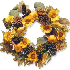 Online National Tree Company 22 in. Fall Wreath with Pumpkins, Gourds, Pinecones, Sunflowers, Berry Clusters, Assorted Leaves