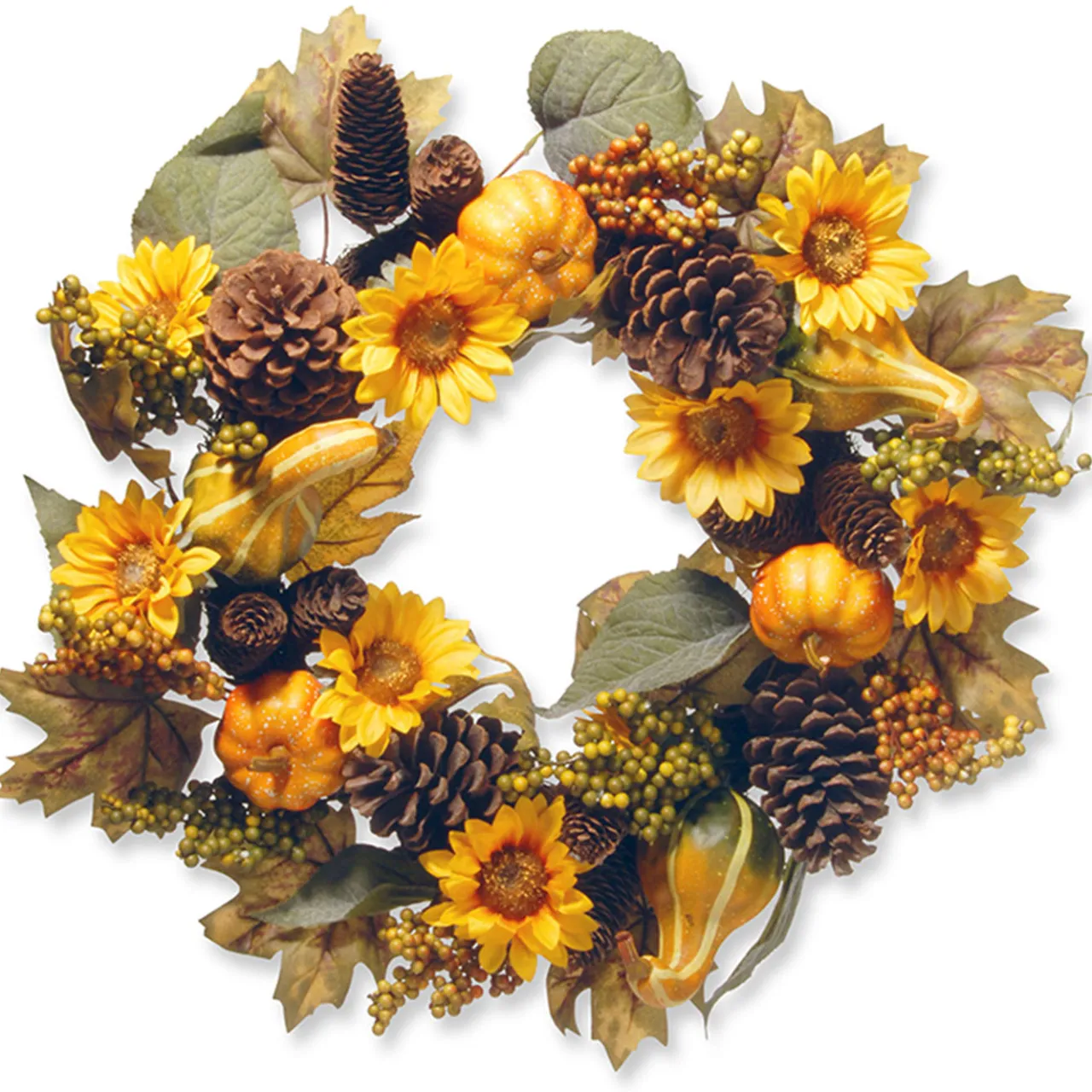Online National Tree Company 22 in. Fall Wreath with Pumpkins, Gourds, Pinecones, Sunflowers, Berry Clusters, Assorted Leaves
