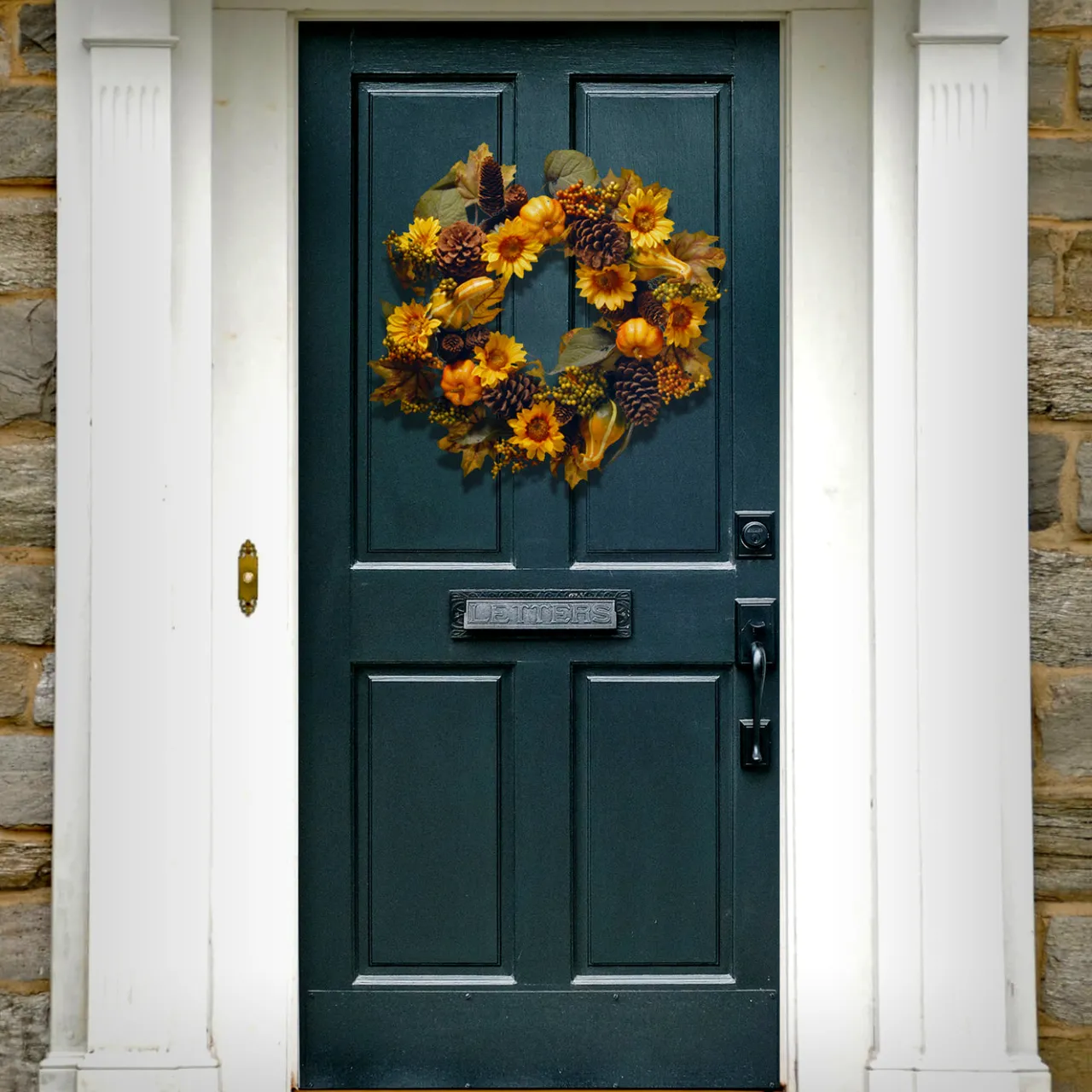 Online National Tree Company 22 in. Fall Wreath with Pumpkins, Gourds, Pinecones, Sunflowers, Berry Clusters, Assorted Leaves