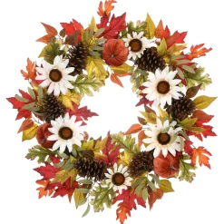 Clearance National Tree Company 32 in. Fall Wreath with Pumpkin Gourds, Pine Cones, Maple Leaves, Sunflower Blooms