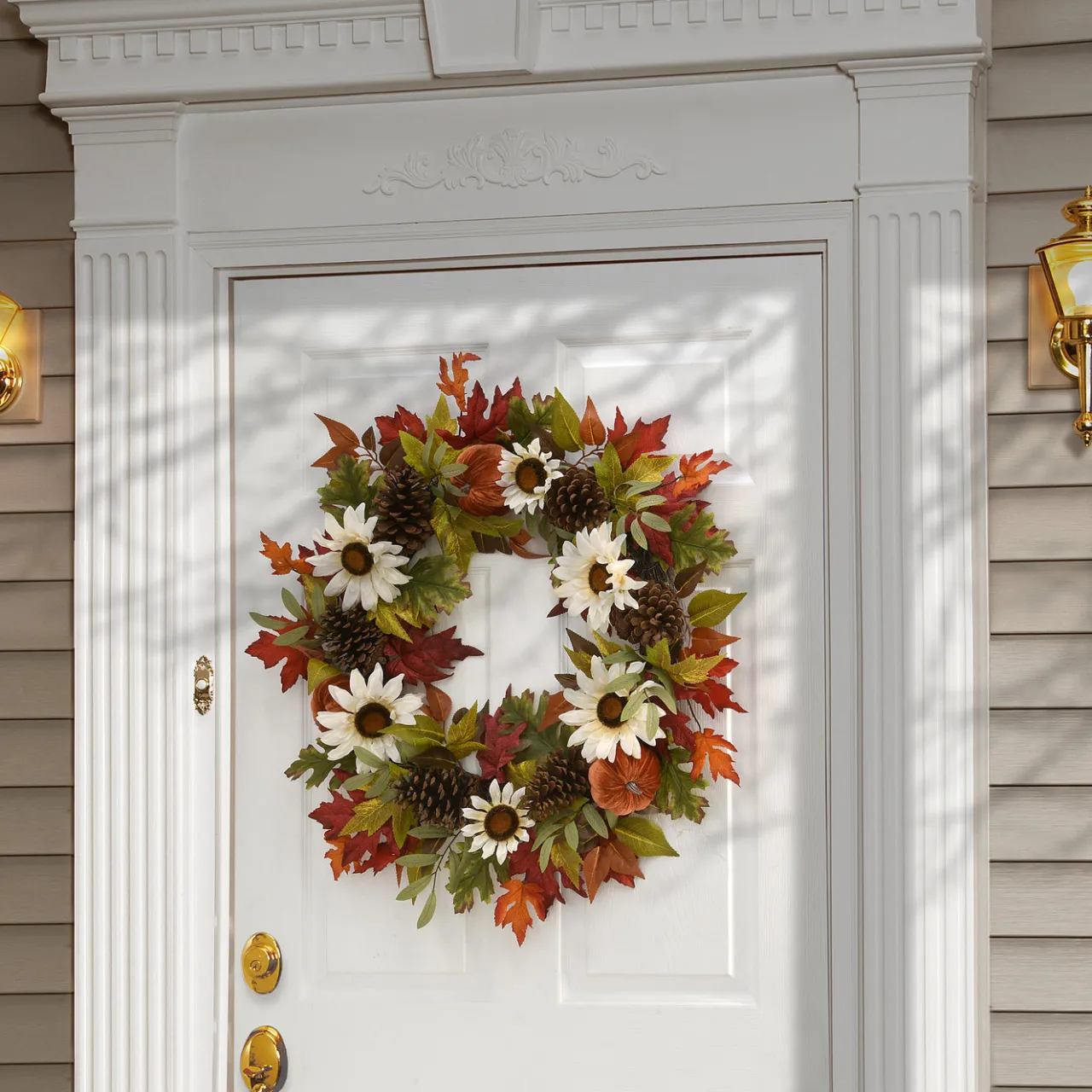 Clearance National Tree Company 32 in. Fall Wreath with Pumpkin Gourds, Pine Cones, Maple Leaves, Sunflower Blooms