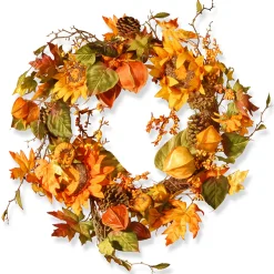 Hot National Tree Company 25 in. Fall Wreath with Sunflowers, Pinecones, Berry Clusters, Maple Leaves