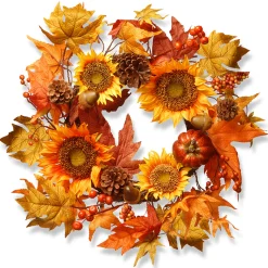Discount National Tree Company 22 in. Fall Wreath with Sunflowers, Pinecones, Berry Clusters, Acorns, Pumpkins, Maple Leaves