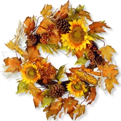 Clearance National Tree Company 24 in. Fall Wreath with Sunflowers, Pinecones, Berry Clusters, Corncobs, Maple Leaves