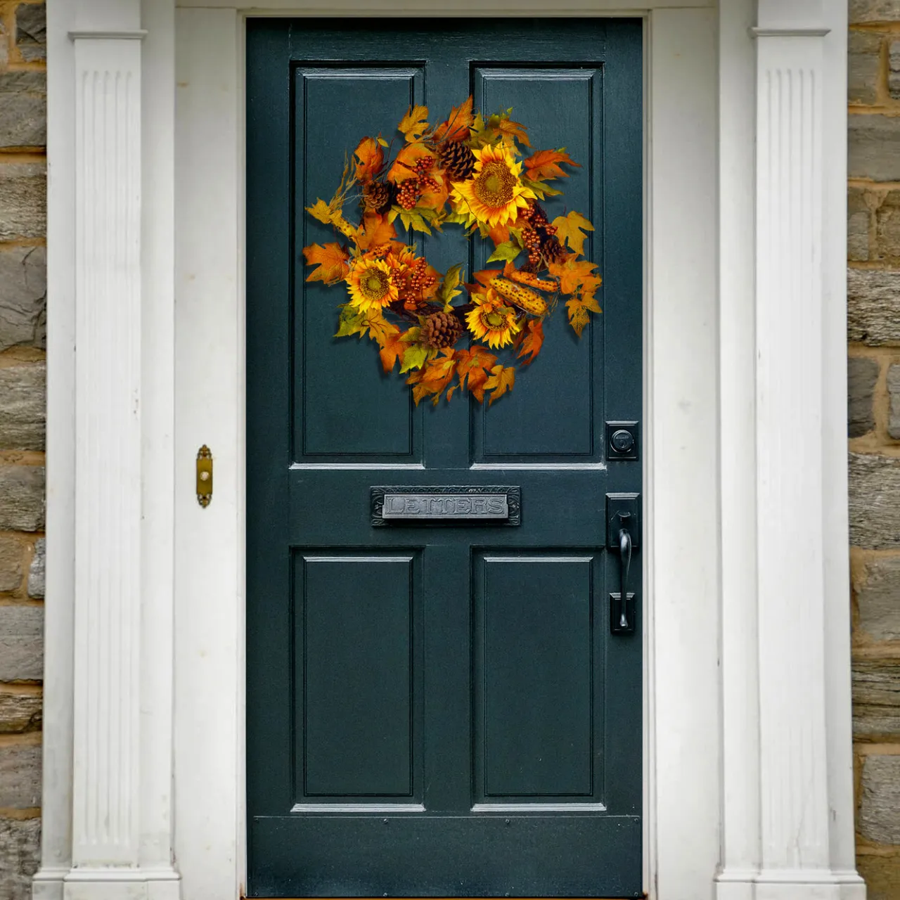 Clearance National Tree Company 24 in. Fall Wreath with Sunflowers, Pinecones, Berry Clusters, Corncobs, Maple Leaves