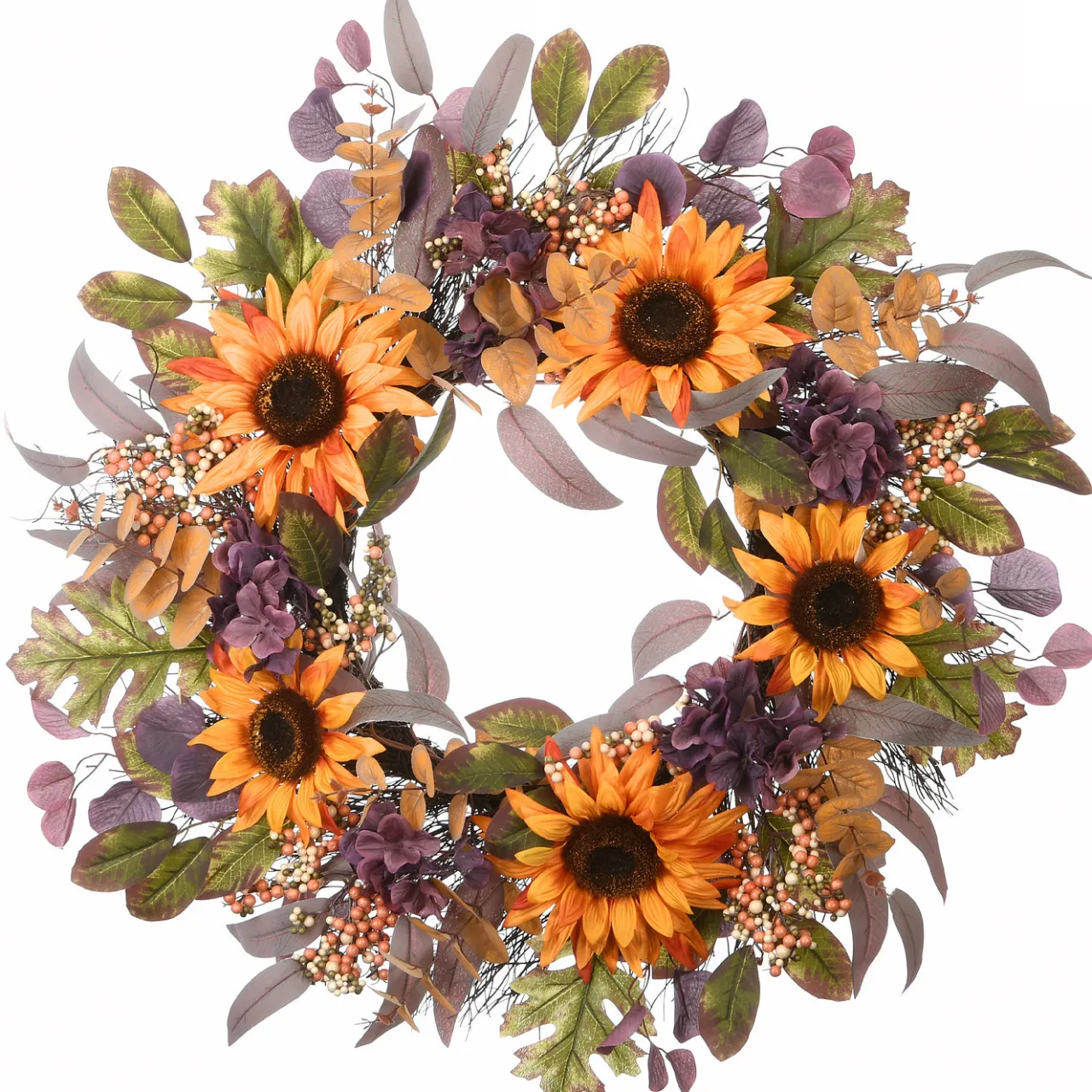 Discount National Tree Company 30 in. Fall Wreath with Sunflowers, Hydrangea Blooms, Assorted Leaves, Berry Clusters