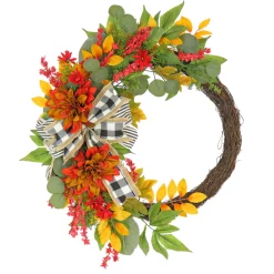 Online National Tree Company 24 in. Fall Wreath with Twig, Dahlia, Eucalyptus and Bow