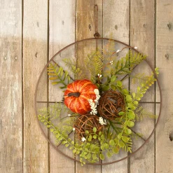 National Tree Company 13 in. Flower Circle Hanging Fall Decoration with Fern Fronds, Leaves, Pumpkins, Twig Cones