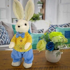 Clearance National Tree Company 14 in. Fluffy Male Easter Bunny with Yellow & Blue Suit Table Decoration
