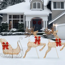 New National Tree Company 42 in. Glittered Mesh Fabric Deer with 27 in. Sleigh and Lights