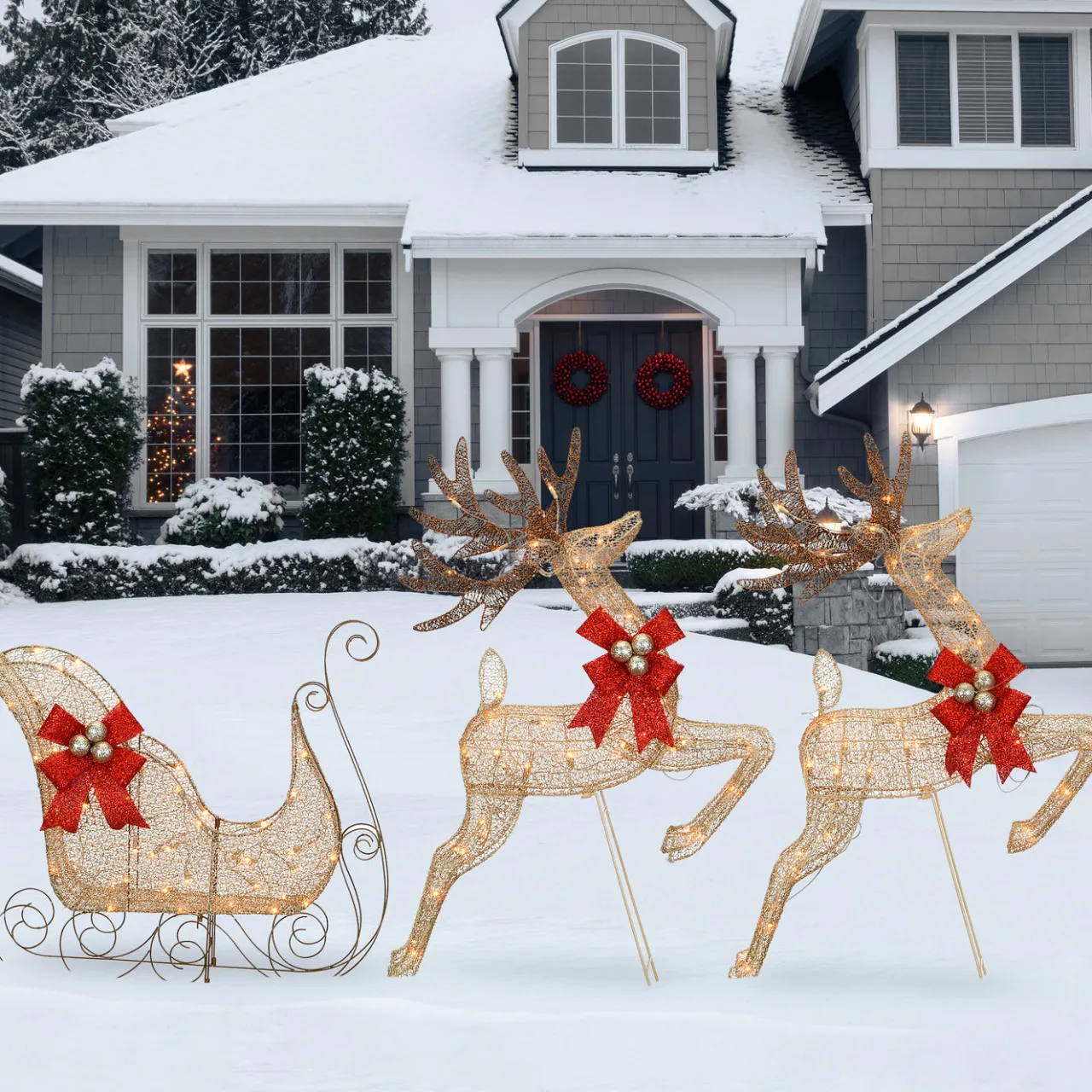New National Tree Company 42 in. Glittered Mesh Fabric Deer with 27 in. Sleigh and Lights
