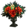 Outlet National Tree Company 20 in. Halloween Boo-tiful Urn with Orange Florals and White Skull, LED Lights