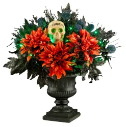 Outlet National Tree Company 20 in. Halloween Boo-tiful Urn with Orange Florals and White Skull, LED Lights