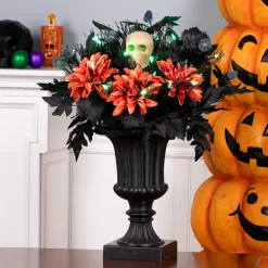 Outlet National Tree Company 20 in. Halloween Boo-tiful Urn with Orange Florals and White Skull, LED Lights