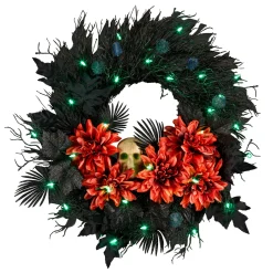 Discount National Tree Company 24 in. Halloween Boo-tiful Wreath with Orange Florals and White Skull, LED Lights