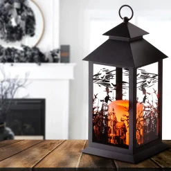 Clearance National Tree Company 12 in. Halloween Carved Images of Witches Haunted House Lantern with LED Lights