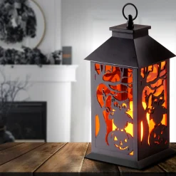 Best National Tree Company 12 in. Halloween Carved Images of Owls Pumpkins Leafless Trees Lantern with LED Lights